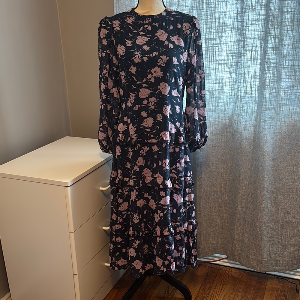 Floral Long Sleeve Midi Dress - Black with Pink Floral